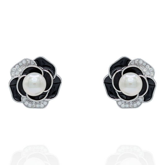Boucles d'Oreilles Fleur Noire Argent 925 Rhodié, Perle et Oxyde de Zirconium