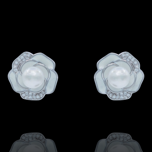 Boucles d'Oreilles Fleur Blanche Argent 925 Rhodié, Perle et Oxyde de Zirconium