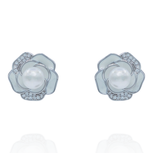 Boucles d'Oreilles Fleur Blanche Argent 925 Rhodié, Perle et Oxyde de Zirconium