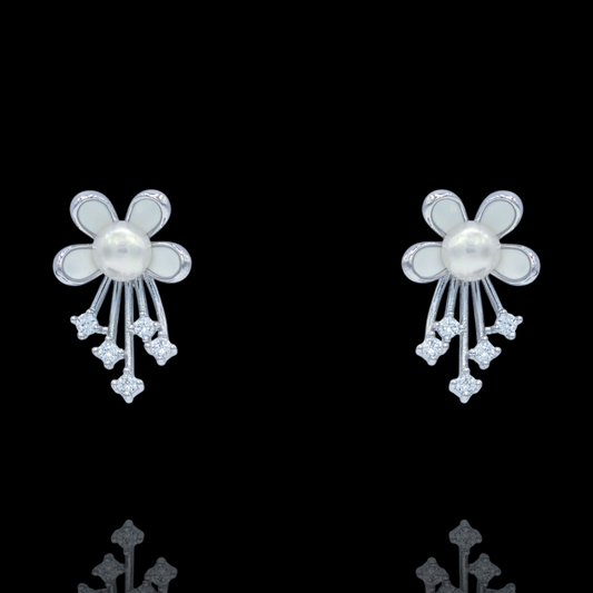 Boucles d'Oreilles Fleur Argent 925 Rhodié Perle Oxydes de Zirconium