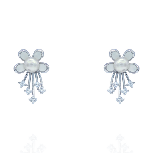 Boucles d'Oreilles Fleur Argent 925 Rhodié Perle Oxydes de Zirconium