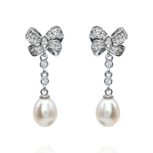 Boucles d'Oreilles Argent 925 Rhodié Nœuds Perles Oxydes Zirconium