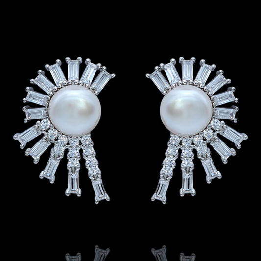 Boucles d'Oreilles Argent 925 Rhodié Perles Oxydes Zirconium Rayonnants