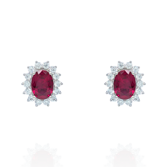 Boucles d'Oreilles Argent 925 Rhodié Corindon Rouge Serti Oxyde Zirconium