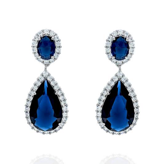 Boucles d'Oreilles Argent 925 Rhodié Pendantes Corindons Bleus Oxydes Zirconium