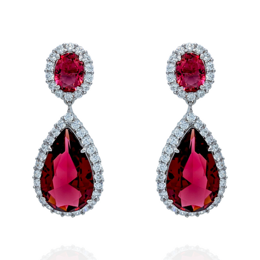Boucles d'Oreilles Argent 925 Rhodié Pendantes Corindons Rouges Oxydes Zirconium