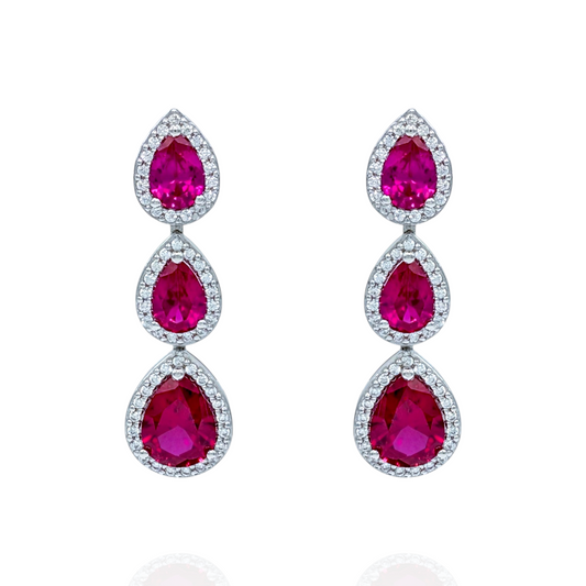 Boucles d'Oreilles Argent 925 Rhodié Pendantes Corindons Rouges