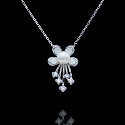 Collier Pendentif Fleur Argent 925 Rhodié Perle Blanche Oxyde Zirconium