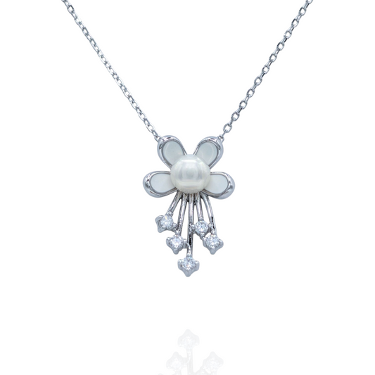 Collier Pendentif Fleur Argent 925 Rhodié Perle Blanche Oxyde Zirconium