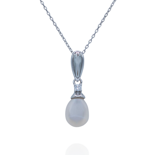 Collier Pendentif Argent 925 Rhodié Perle Sertie Oxyde Zirconium