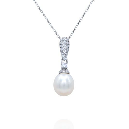 Collier Pendentif Argent 925 Rhodié Perle Goutte Oxyde Zirconium