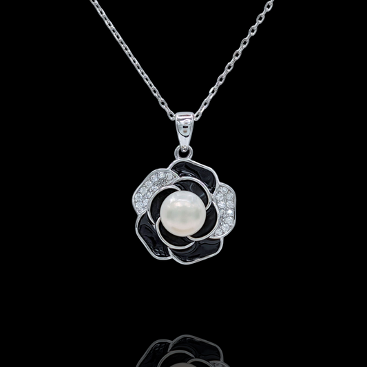 Collier Pendentif Fleur Noire Argent 925 Rhodié, Perle et Oxyde de Zirconium