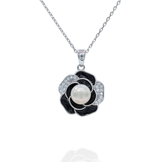 Collier Pendentif Fleur Noire Argent 925 Rhodié, Perle et Oxyde de Zirconium