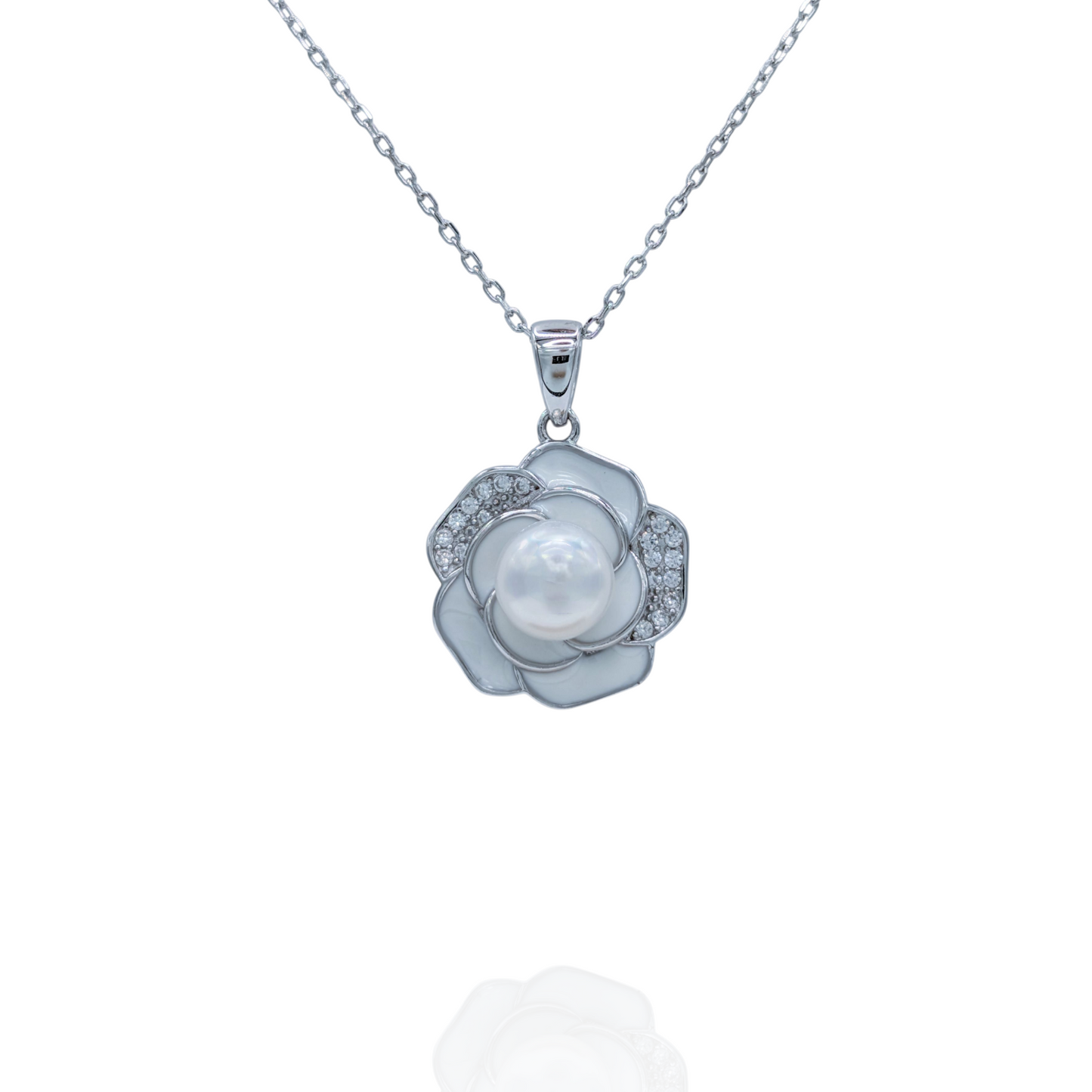 Collier Pendentif Fleur Blanche Argent 925 Rhodié, Perle et Oxyde de Zirconium