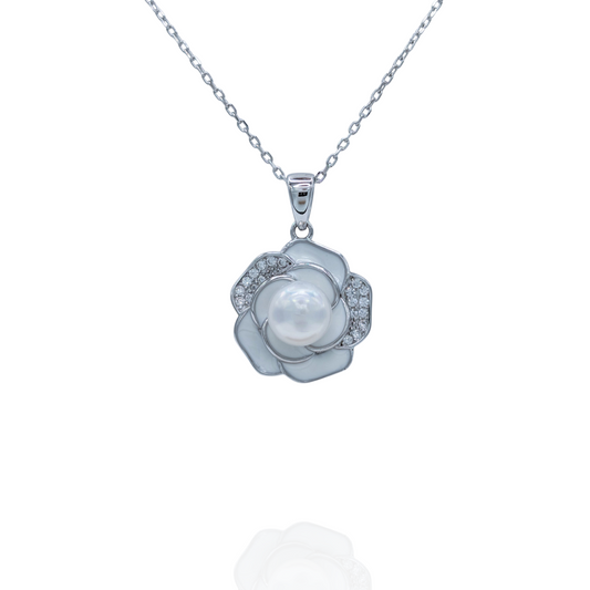 Collier Pendentif Fleur Blanche Argent 925 Rhodié, Perle et Oxyde de Zirconium