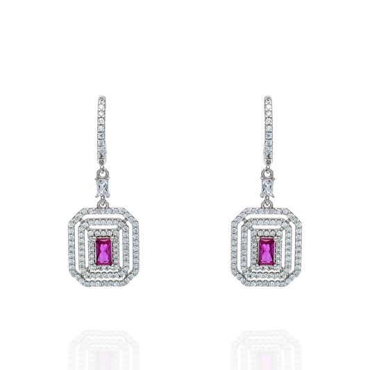 Boucles d'Oreilles Pendantes Argent 925 Rhodié Corindon Rubis et Zirconium