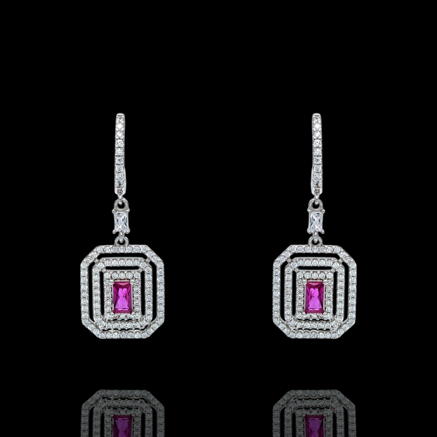 Boucles d'Oreilles Pendantes Argent 925 Rhodié Corindon Rubis et Zirconium