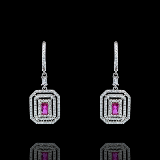 Boucles d'Oreilles Pendantes Argent 925 Rhodié Corindon Rubis et Zirconium