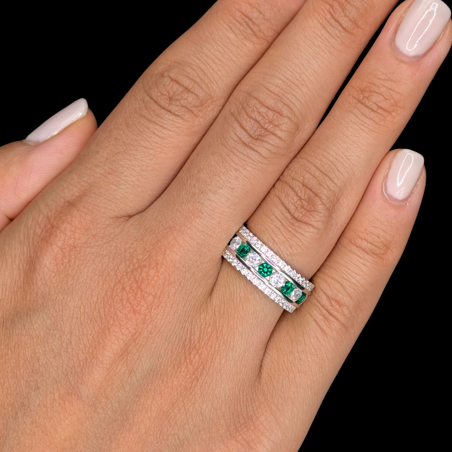 Bague Éternité Argent 925 Rhodié Pierres Vertes et Oxydes de Zirconium