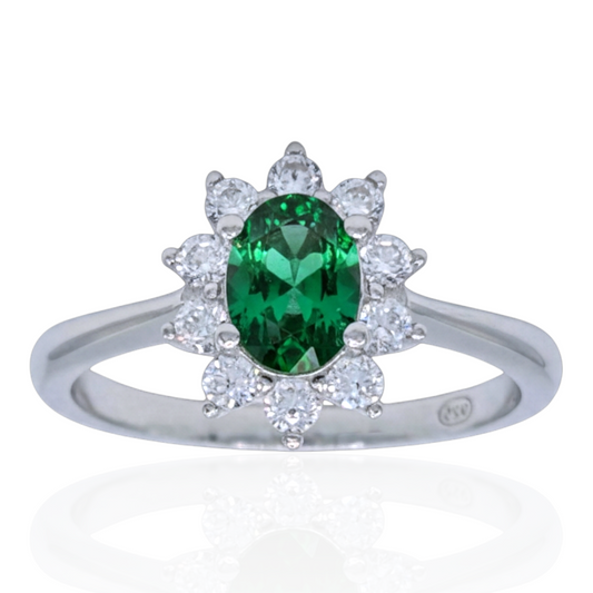 Bague Fleur Argent 925 Rhodié, Pierre Verte et Oxyde de Zirconium