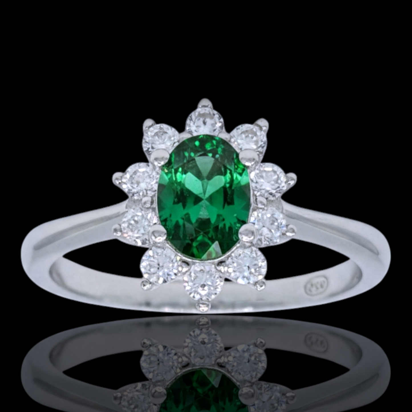 Bague Fleur Argent 925 Rhodié, Pierre Verte et Oxyde de Zirconium