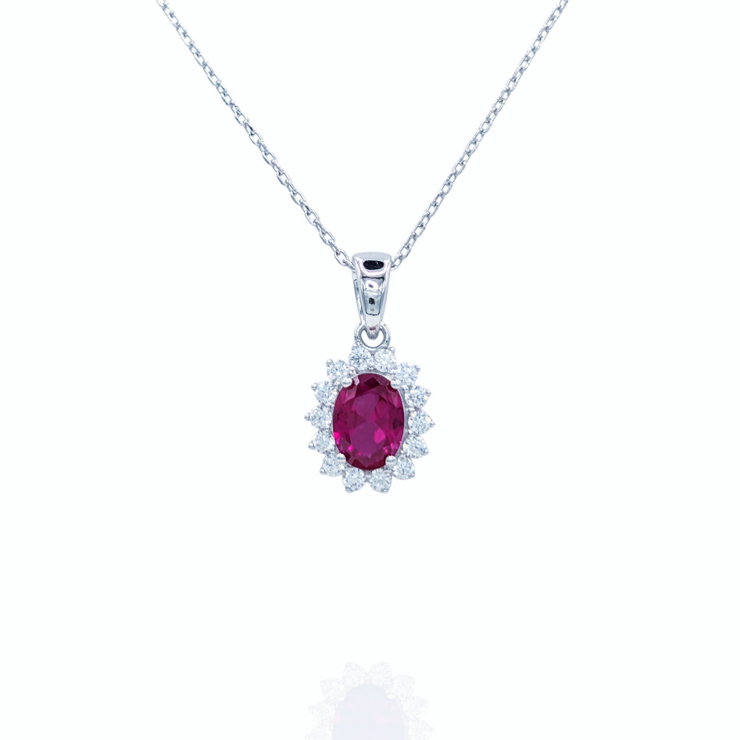 Collier Pendentif Argent 925 Rhodié Corindon Rouge Serti Oxyde Zirconium