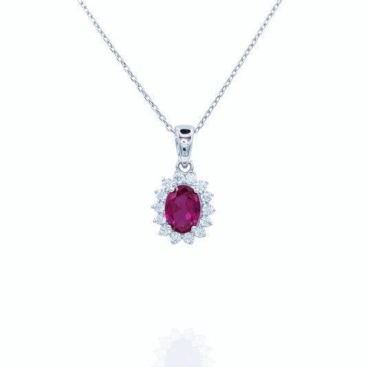 Collier Pendentif Argent 925 Rhodié Corindon Rouge Serti Oxyde Zirconium