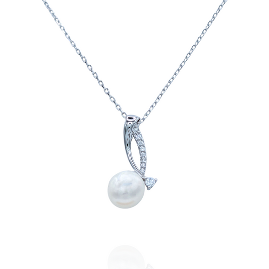 Collier Pendentif Argent 925 Rhodié Perle Naturelle et Zirconium Moderne