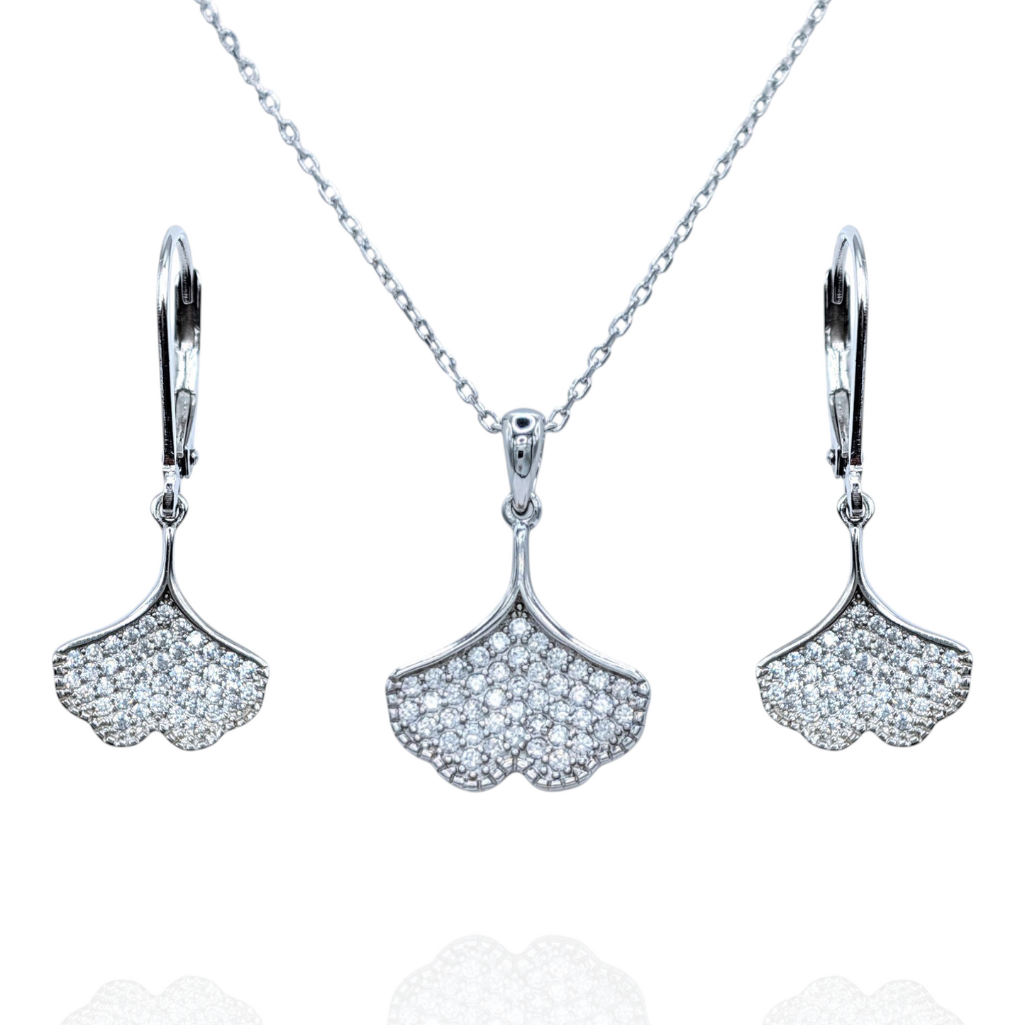 Parure Argent 925 Rhodié Ginkgo Biloba Oxyde de Zirconium Scintillant