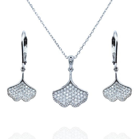 Parure Argent 925 Rhodié Ginkgo Biloba Oxyde de Zirconium Scintillant