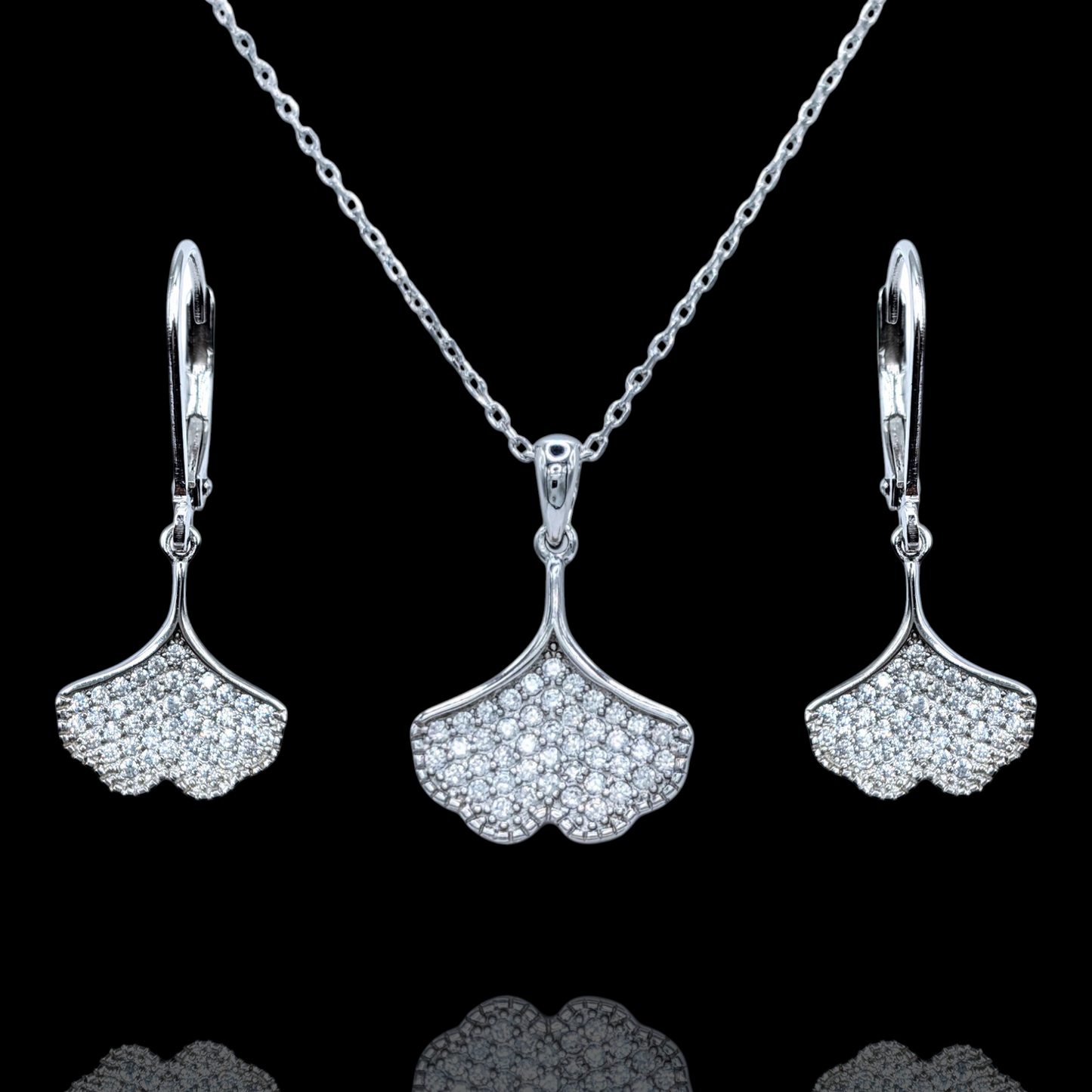 Parure Argent 925 Rhodié Ginkgo Biloba Oxyde de Zirconium Scintillant
