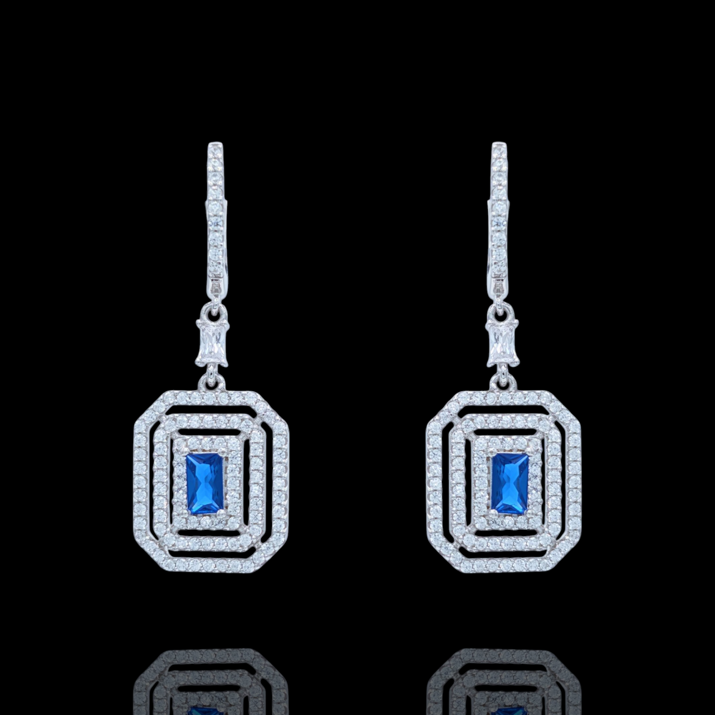 Boucles d'Oreilles Pendantes Argent 925 Rhodié Corindon Bleu et Zirconium