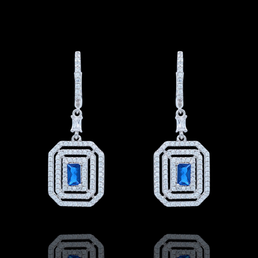 Boucles d'Oreilles Pendantes Argent 925 Rhodié Corindon Bleu et Zirconium