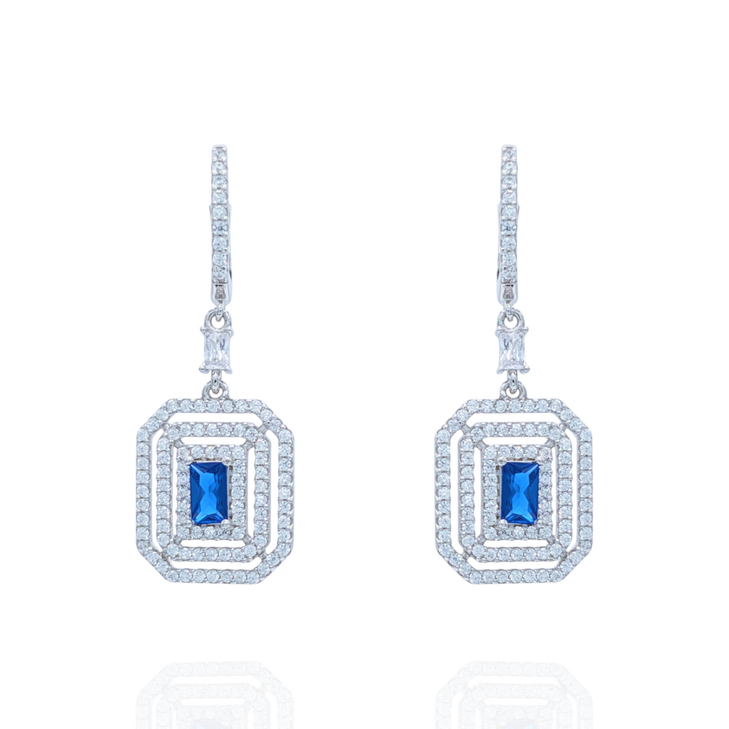 Boucles d'Oreilles Pendantes Argent 925 Rhodié Corindon Bleu et Zirconium