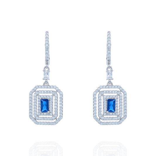 Boucles d'Oreilles Pendantes Argent 925 Rhodié Corindon Bleu et Zirconium