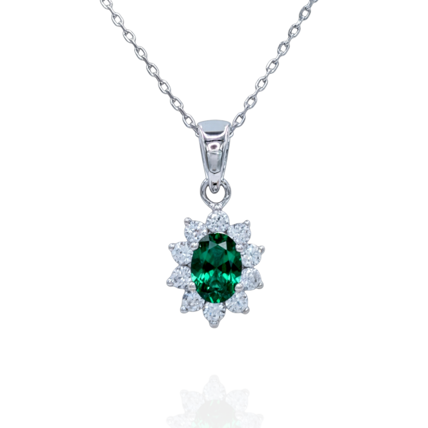 Halskette Sterlingsilber rhodiniert, grüner Stein und Zirkonia