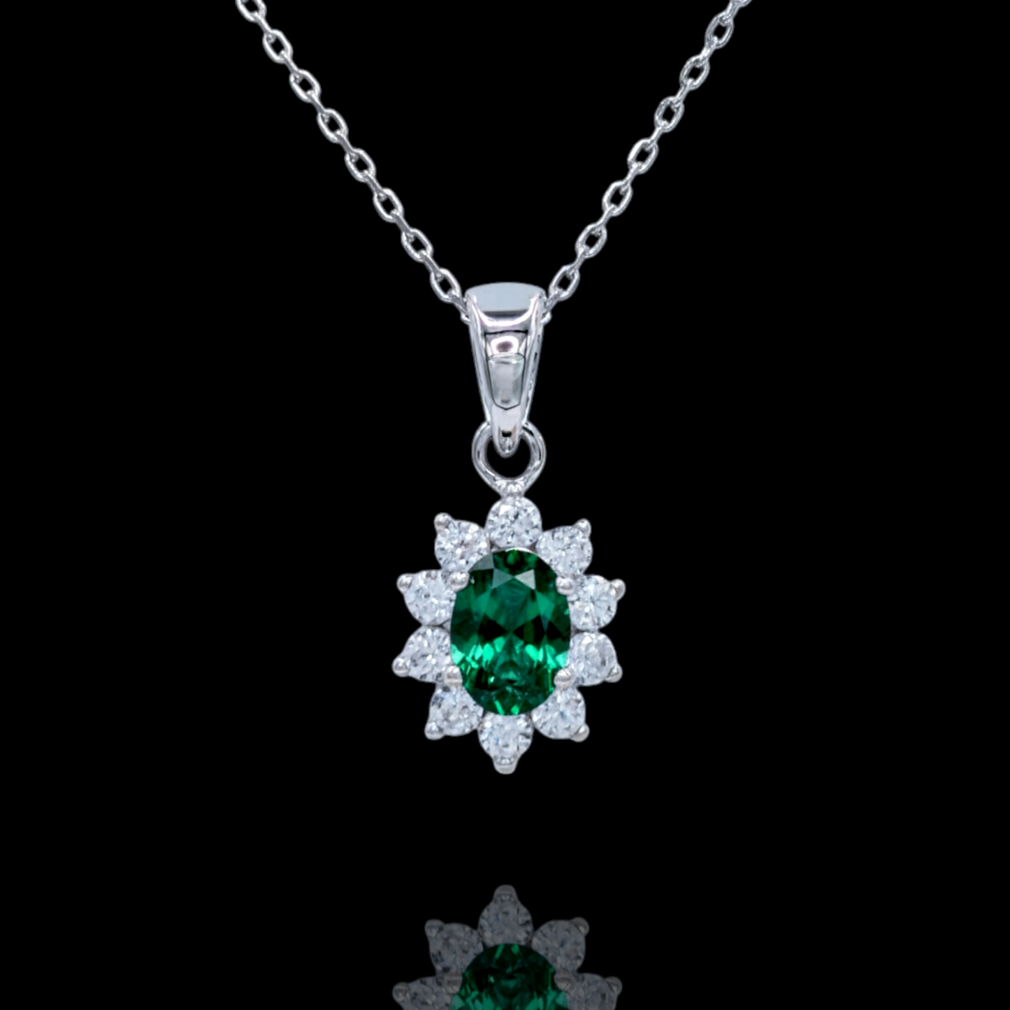 Halskette Sterlingsilber rhodiniert, grüner Stein und Zirkonia