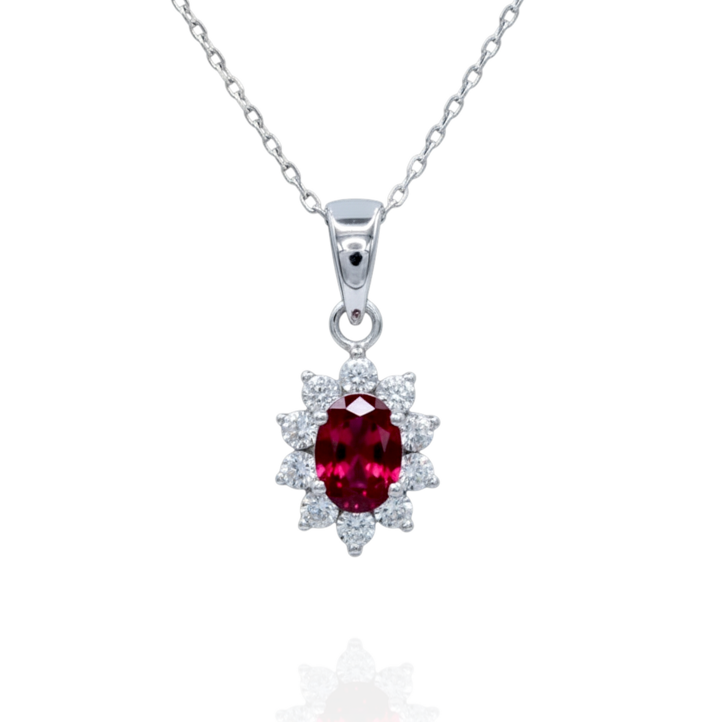 925 Sterling Silver Rhodium Plated Necklace with Synthetic Red Corundum and Zirconium Oxide