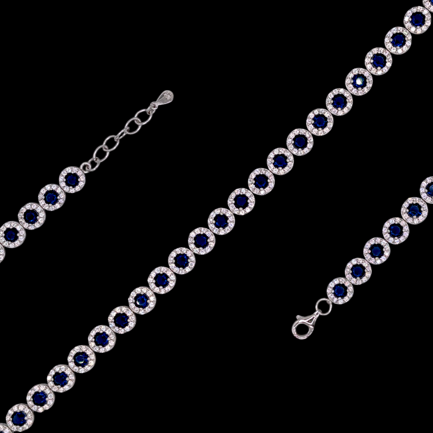 Bracelet Tennis Argent 925 Rhodié Corindon Bleu Zirconium Classique Luxe (18,5cm - 20,5cm)