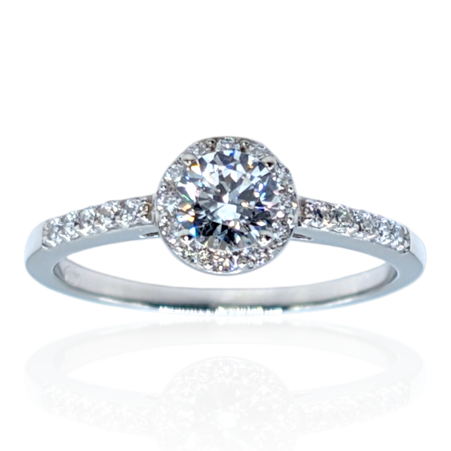 Rhodium-plated 925 Sterling Silver Halo Solitaire Ring with White Cubic Zirconia