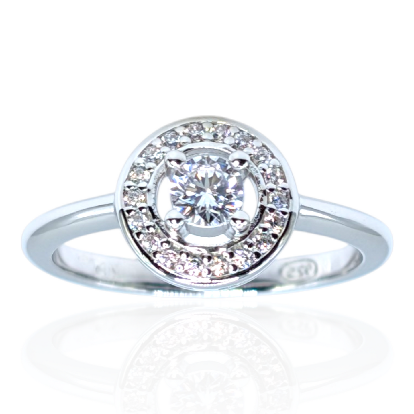 Offener Halo-Ring aus rhodiniertem 925er Silber mit weißen Zirkonia