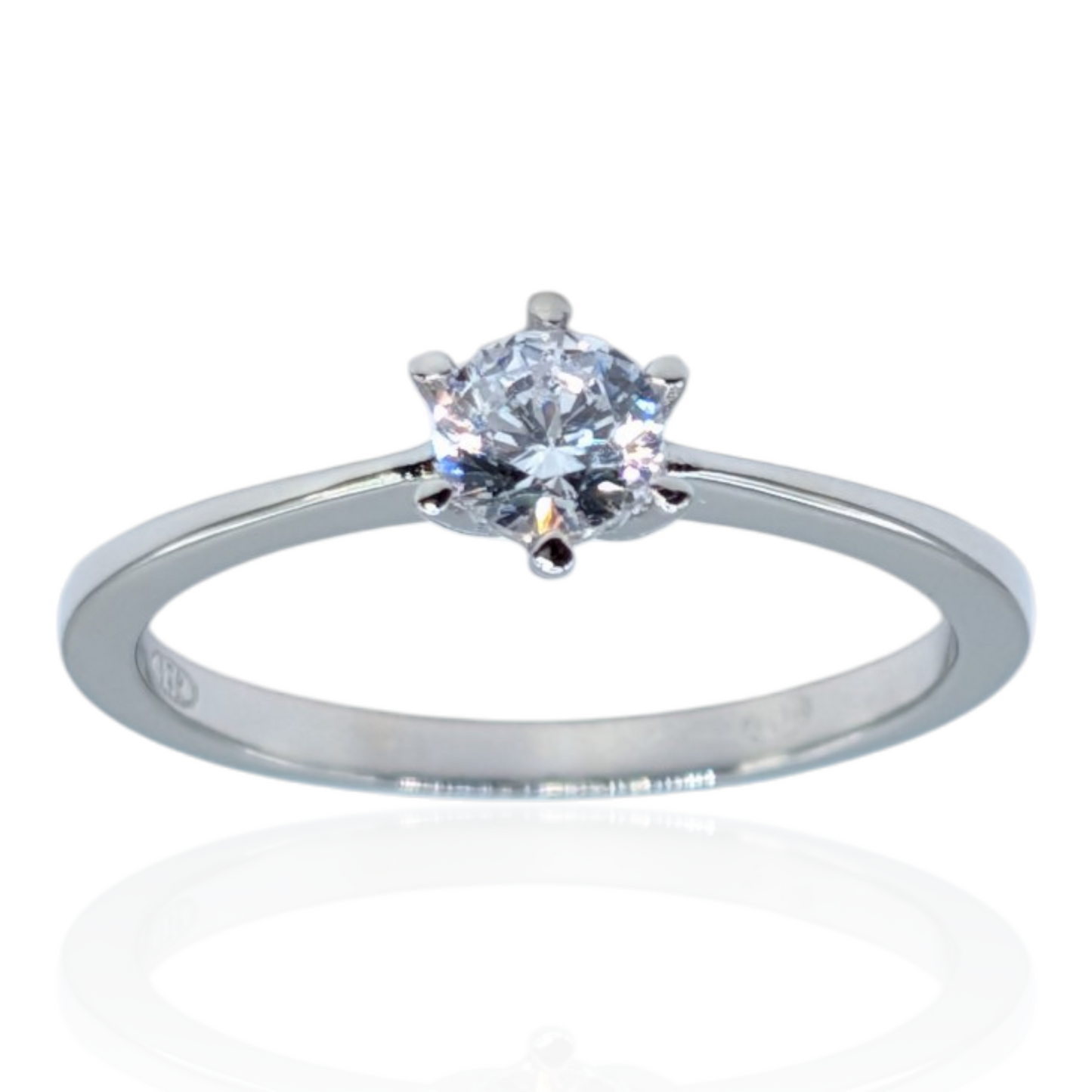 Solitaire ring with 6 claws (4.3mm) in rhodium-plated 925 silver and white zirconium oxide