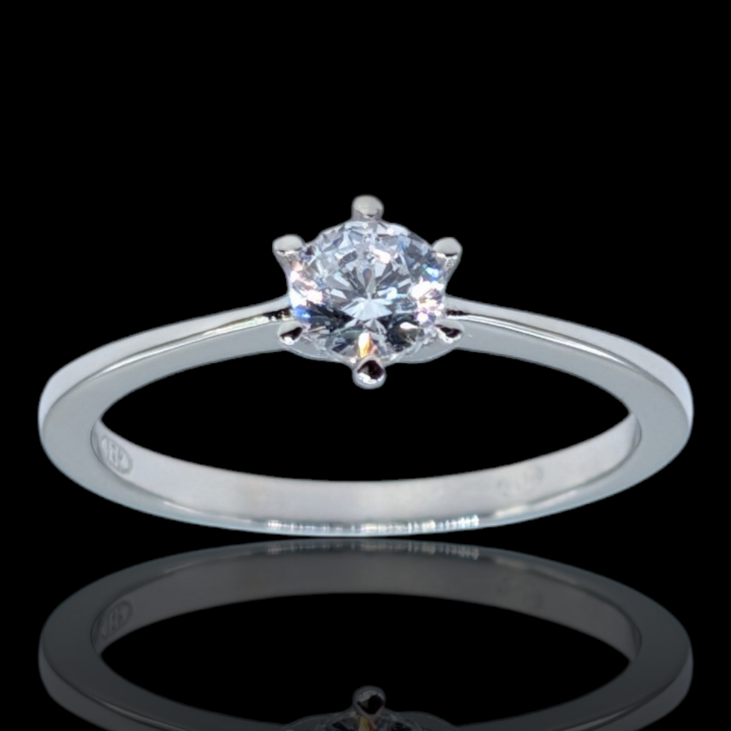 Solitaire ring with 6 claws (4.3mm) in rhodium-plated 925 silver and white zirconium oxide