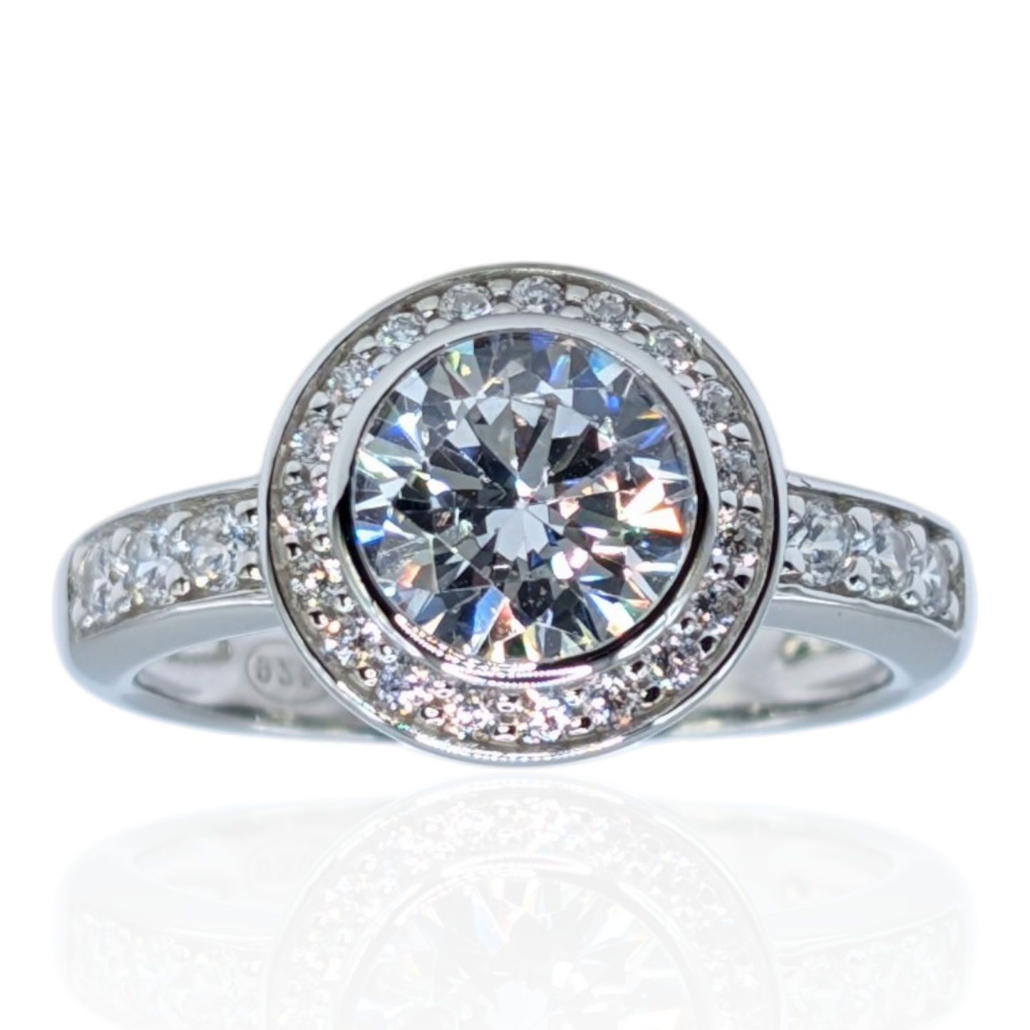 Halo ring in rhodium-plated 925 sterling silver with white cubic zirconia