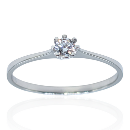 Bague solitaire fine 6 griffes en argent 925 rhodié et oxyde de zirconium blanc