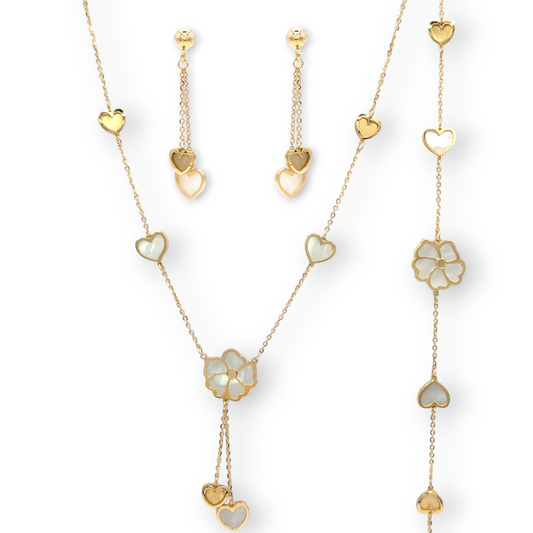 Schmuckset aus 750er Gold, verziert mit Blumen und Herzen aus Perlmutt