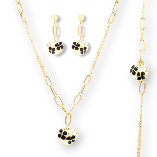 Schmuckset aus 750er Gold mit zweifarbigen Herzmotiven aus Emaille