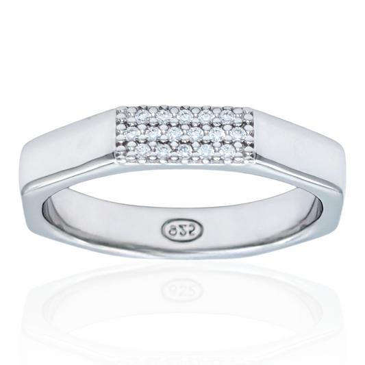 Bague plateau en argent 925 rhodié et oxydes de zirconium blancs