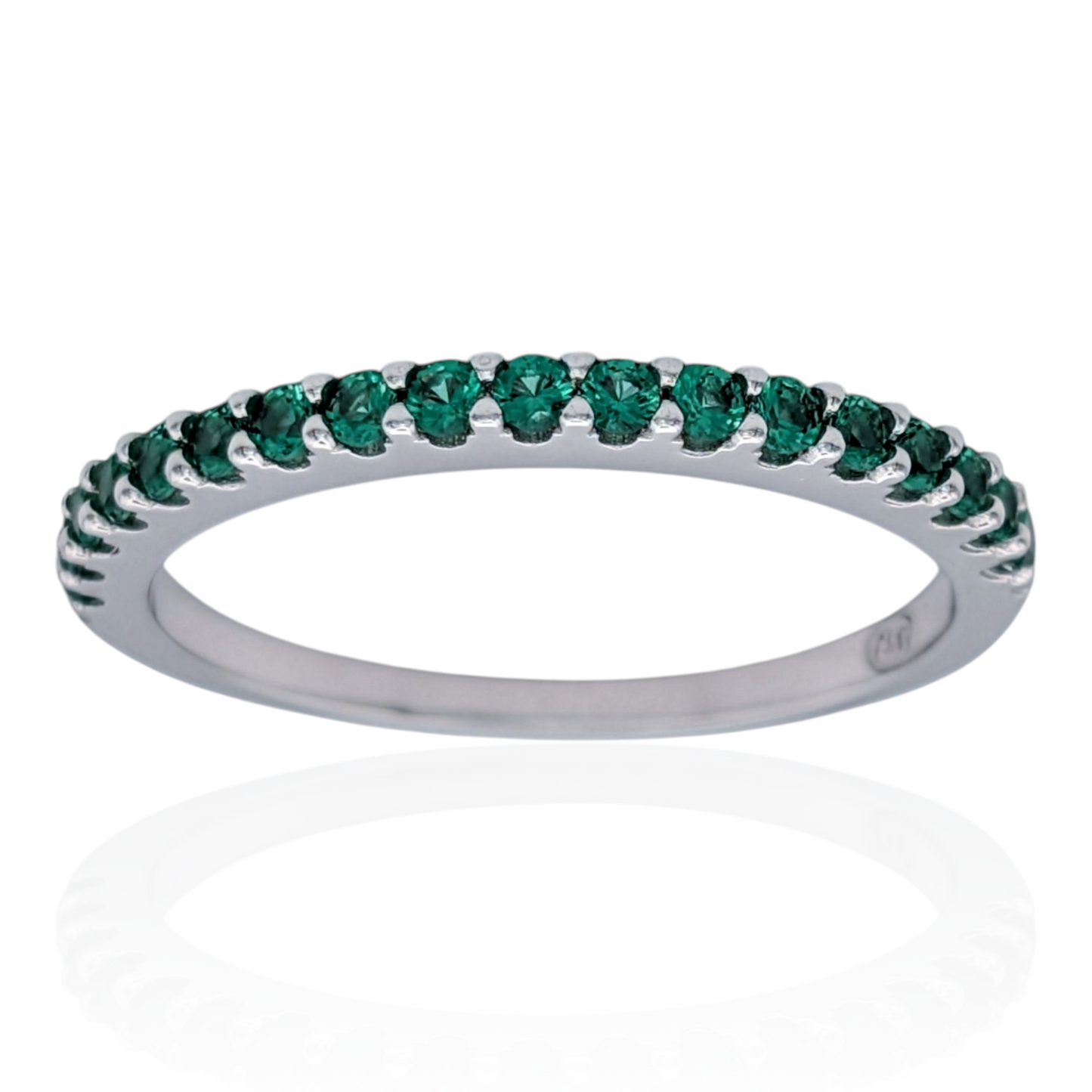 Bague demi-alliance en argent 925 rhodié et pierres vertes en verre