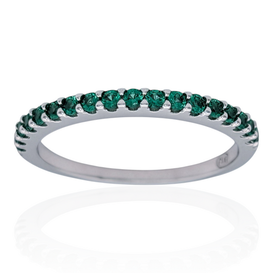 Bague demi-alliance en argent 925 rhodié et pierres vertes en verre